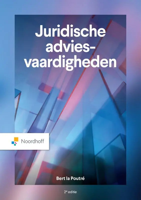 De boekcover van juridische adviesvaardigheden toont een moderne abstracte design met blauwe en rode geometrische vormen voor recht algemeen
