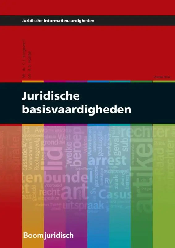 De boekcover van juridische basisvaardigheden door koninklijke boom uitgevers toont witte tekst op een zwart vlak met een rood-groen verloop