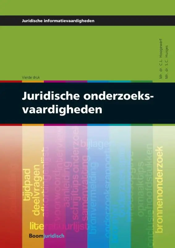 Groen en zwart boek met kleurrijke verticale strepen en juridische terminologie in juridische onderzoeksvaardigheden van koninklijke boom uitgevers