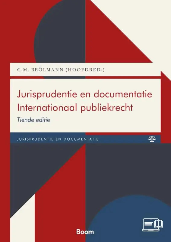 Rood, wit en donkerblauw geometrisch ontworpen boekcover van jurisprudentie en documentatie internationaal publiekrecht door c.m