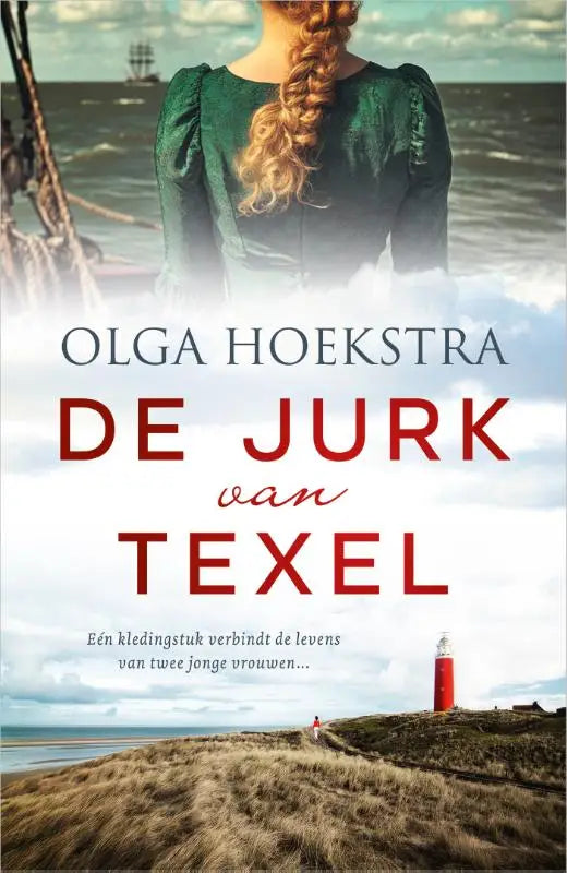 Een vrouw draagt een donkergroene, getextureerde jurk met pofmouwen op een kustpad, één kledingstuk verbindt