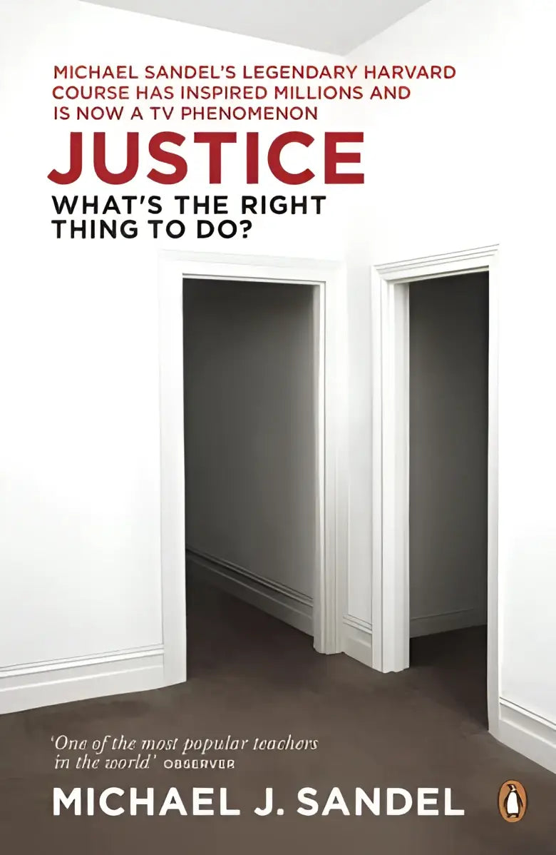 De boekcover van justice whats the right thing to do door michael j met een minimalistisch ontwerp