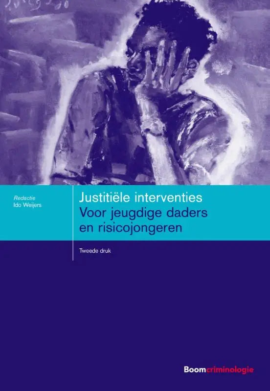Paars en groen boekcover van justitiële interventies met gestileerde illustratie van persoon met hand voor gezicht door koninklijke boom uitgevers