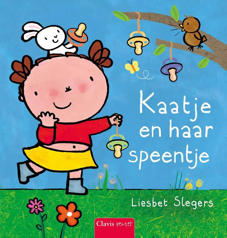 Een vrolijk cartoonmeisje in een rood shirt en gele rok houdt een rammelaar vast bij kaatje en haar speentje van liesbet slegers clavis bvba