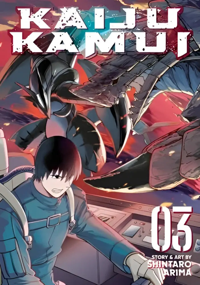 Cover art of kaiju kamui vol 3 manga showing young character in blue tactical gear before controls with kaiju creatures behind