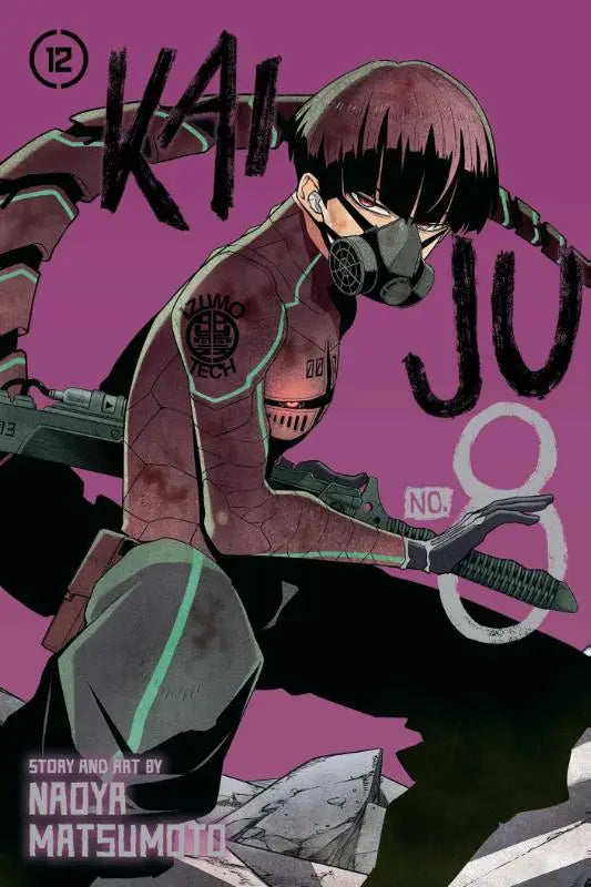 Manga cover van kaiju no 8 vol 12 met karakter in donker, gepantserd tactisch pak met teal accenten en gasmasker op paarse achtergrond
