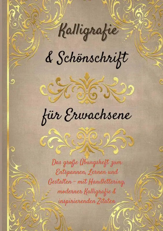 Een beige boek met goudfolie ontwerpen en zwarte sierlijke tekst met handlettering en moderner kalligrafie