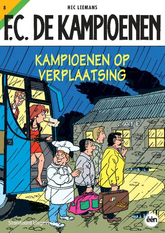 Blauwe bus met open deur en vrouw in rode jurk die uitstapt in stripkampioen op verplaatsing van hec leemans