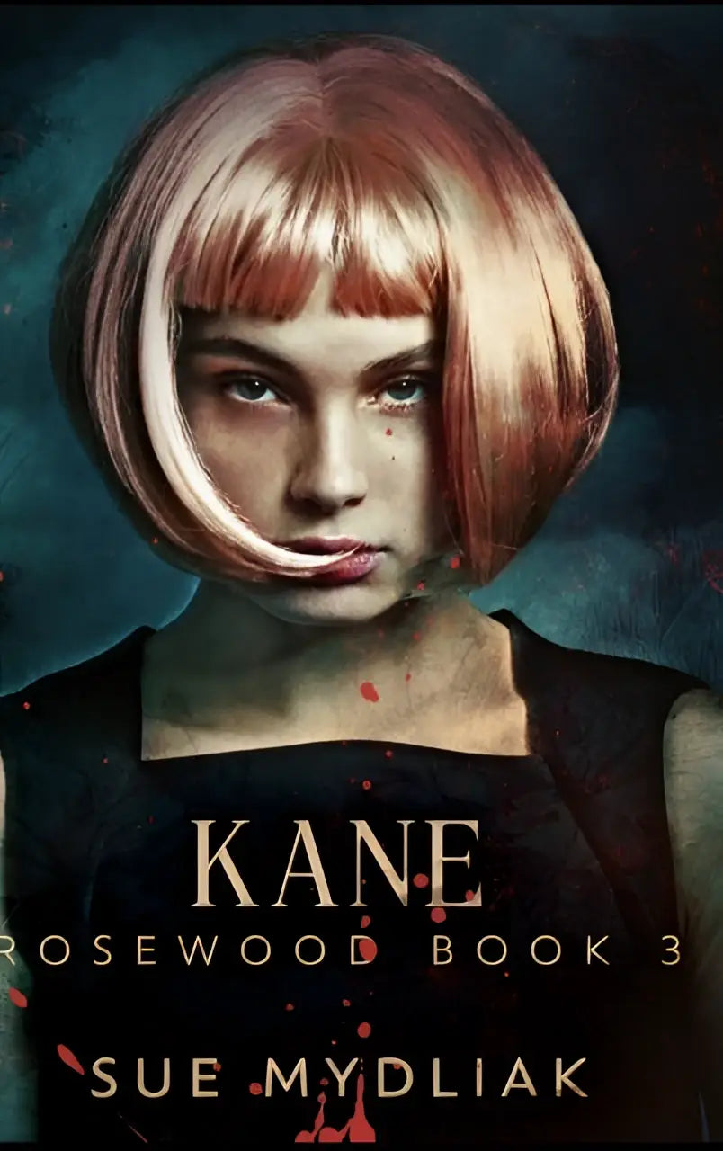 De boekcover van Kane toont een vrouw met een kort, tweeledig roze en blond bobkapsel in een zwarte mouwloze top