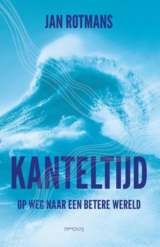 Boekkant kanteltijd toont een dynamische turquoise golf met witte schuimkop tegen een lichte blauwe lucht