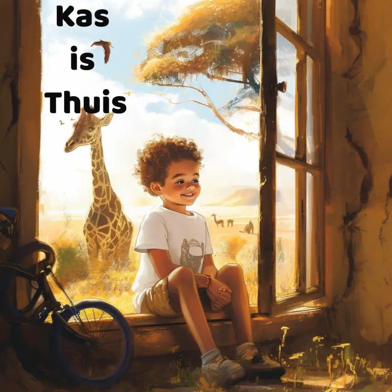 Kas is thuis toont jonge lezers een glimlachend kind met krullen in wit t-shirt en beige korte broek op de vensterbank