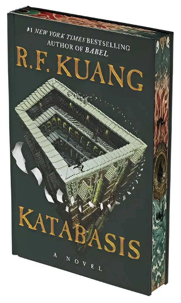 Donkergroen hardcoverboek katabasis deluxe limited edition met goudkleurige letters en geometrische illustratie op cover
