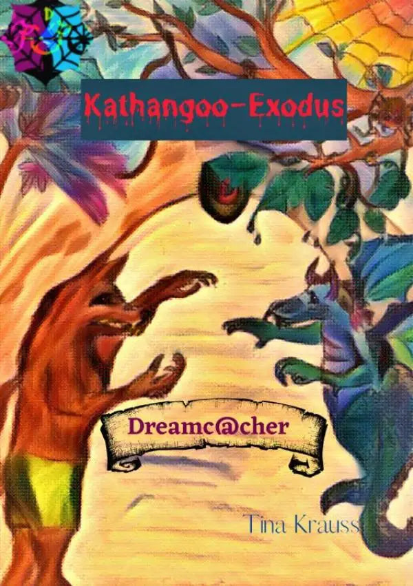 Levendige geïllustreerde boekcover voor kathangoo-exodus door tina krauss met een oranje wezen en blauwe draak voor jonge lezers