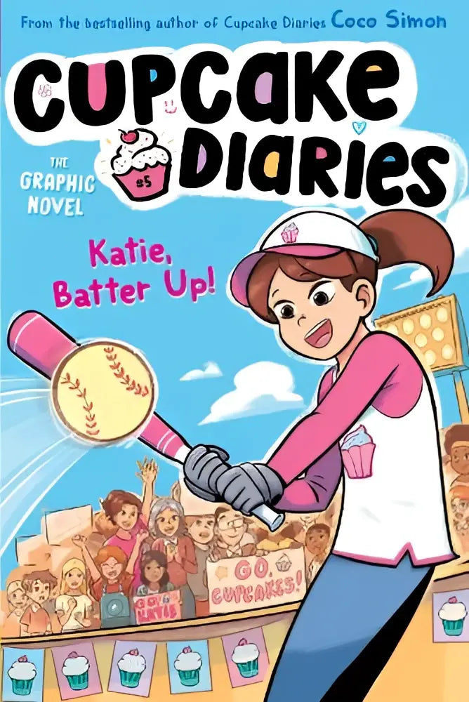 Cartoon meisje met roze en witte honkbalknuppel en gele softbal in graphic novel katie batter up