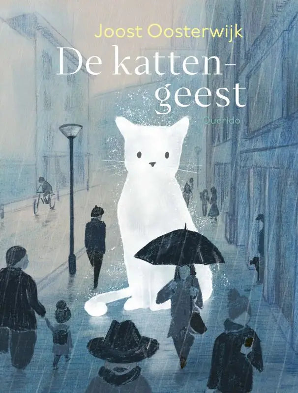 Een luminieuze witte kat met een zachte gloed zit centraal in een regenachtige stedelijke straatvoor jonge lezers in de kattengeest