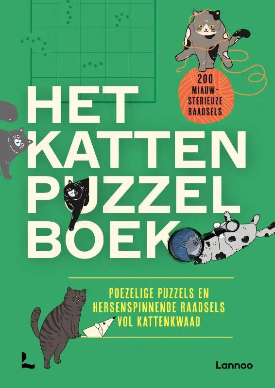 Groen kattenpuzzelboek met cartoon katten en witte tekst het katten puzzel boek voor een gezellige puzzelervaring