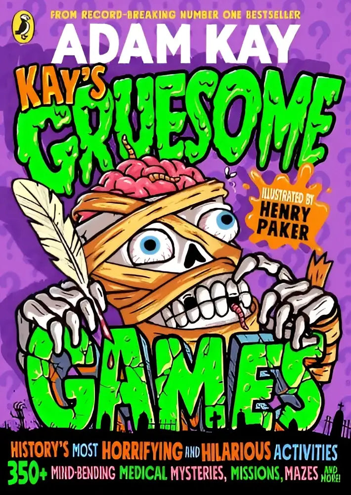 A vibrant purple cover of kay’s gruesome games features a cartoonish mummy with exposed brain holding a feather quill