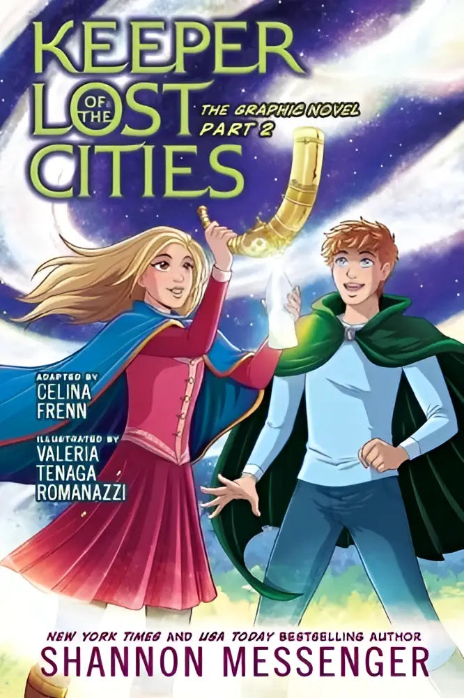 The cover of keeper of the lost cities the graphic novel part 2 shows a golden curved horn held by two characters against a cosmic backdrop