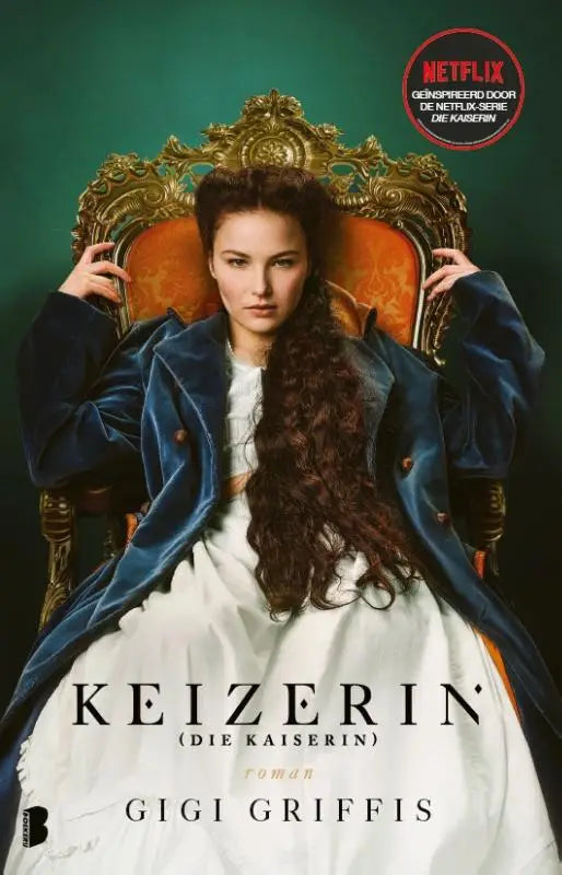 De cover van keizerin toont een vrouw zittend in een goudkleurige, oranje beklede troon