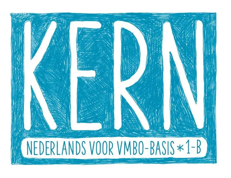 Blauw handgemaakt logo van het product kern met de tekst nederlands voor vmbo-basis op een witte achtergrond