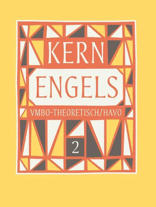 De boekomslag van kern engels toont een geometrisch ontwerp met oranje, geel en zwarte driehoeken rond de titel