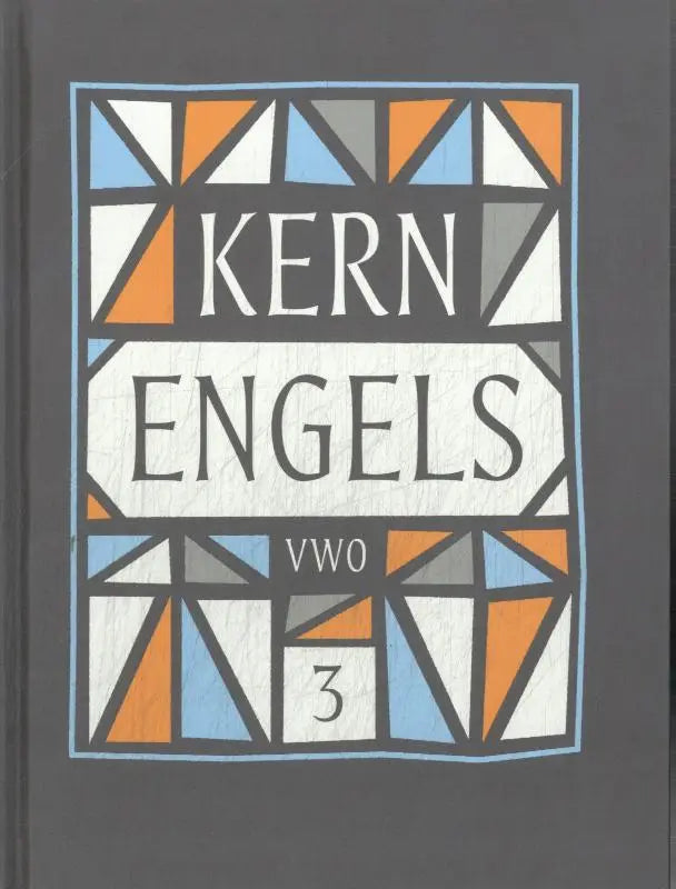 Donkergrijze boekenkaft met geometrisch glas-in-lood ontwerp en kern engels in zwarte letters