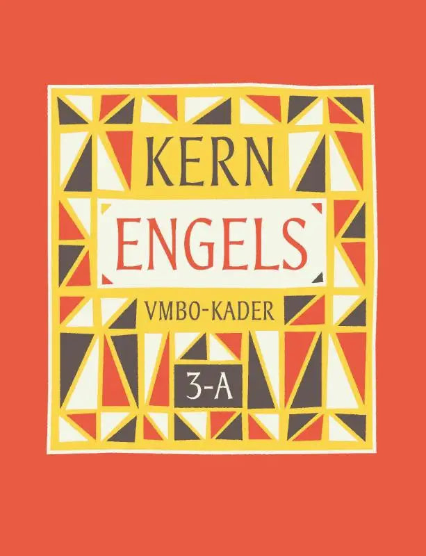 Vibrante geometrische boekomslag van kern engels met rode gele en zwarte driehoeken en contrasterende serif lettertype