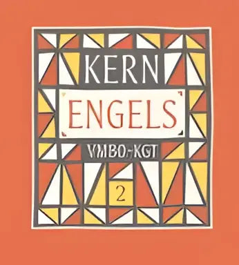 De boekcover van kern engels toont een geometrisch, glas-in-lood ontwerp met oranje en gele driehoeken rondom de titel