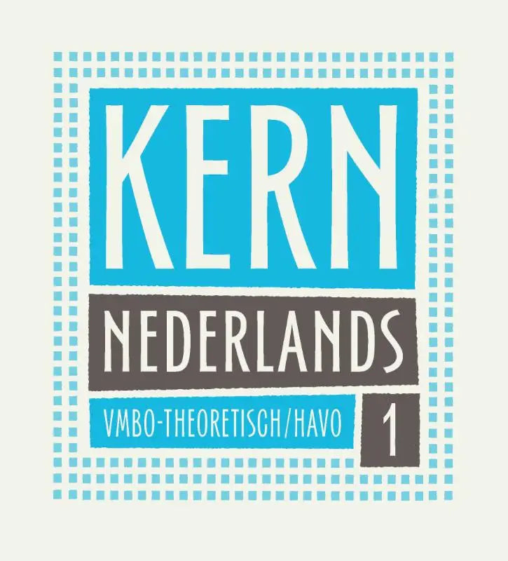 Blauwgrijs grafisch logo voor kern nederlands met vetgedrukte schreefloze tekst in een gestippelde vierkante rand
