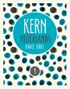 A teal and white polka dot notebook with a circular blue label reading kern nederlands on the cover