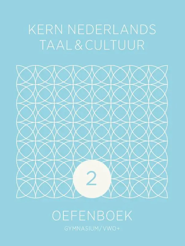 Lichtblauw oefenboek gymnasium kern nederlands taal en cultuur met wit geometrisch patroon en cirkelvormige badge 2