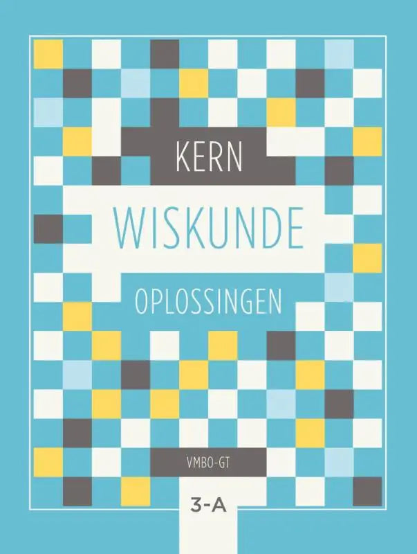 Kern wiskunde boekomslag met een modern, gepixeliseerd ontwerp in lichtblauw, geel, wit en donkergrijs op teal achtergrond