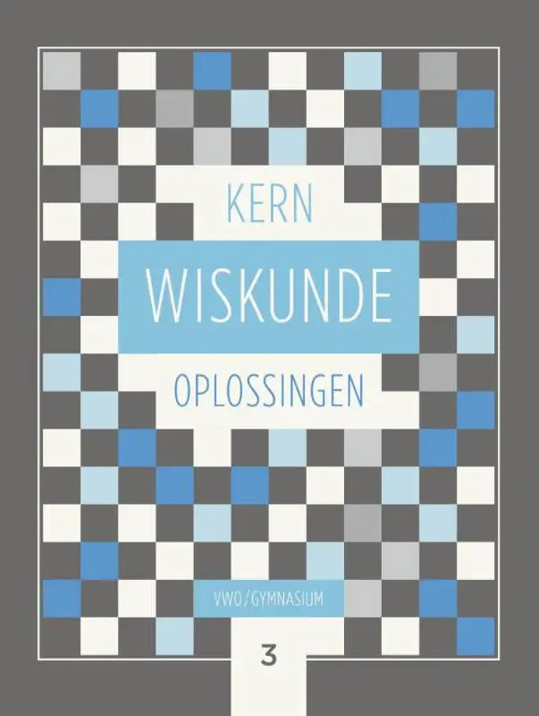 Blauw wit geblokt boekhoes met titel kern wiskunde oplossingen in lichtblauwe tekst op centrale banner