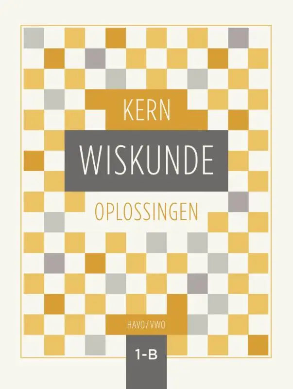 De kern wiskunde boekomslag heeft een modern geometrisch ontwerp met gele, grijze en witte vierkanten