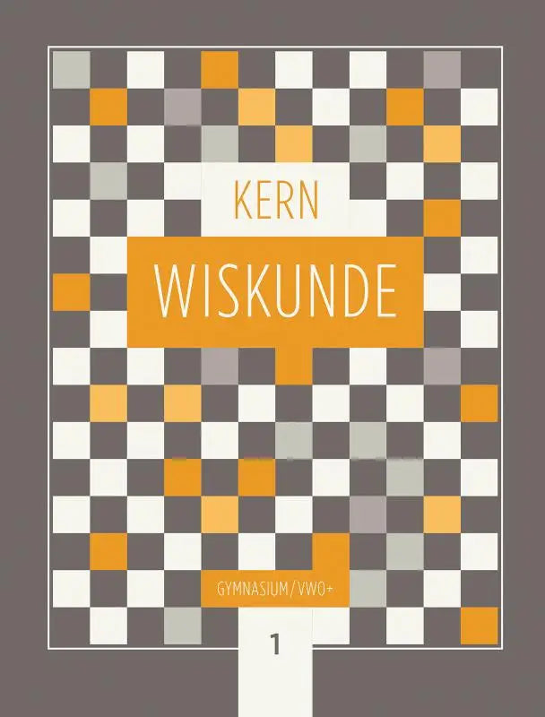 De kern wiskunde boekomslag heeft een modern geometrisch ontwerp met witte, grijze en oranje vierkanten op een bruin vlak