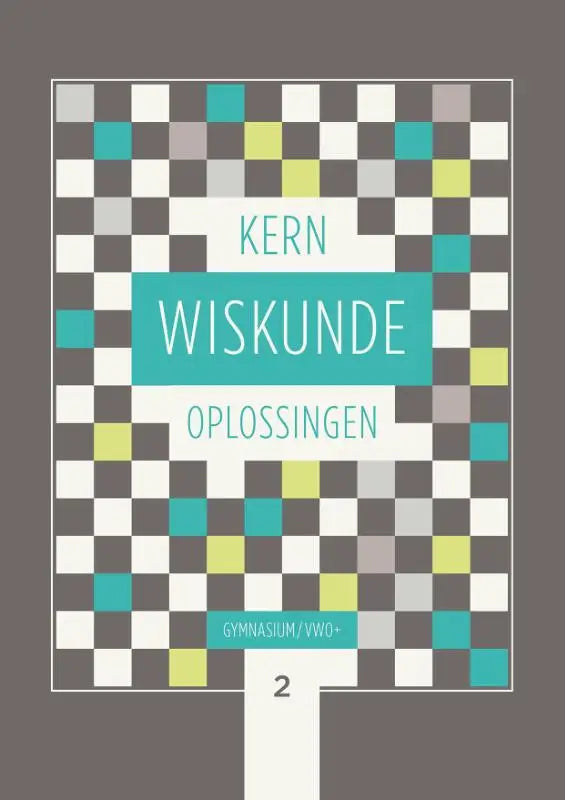 Het boek kern wiskunde heeft een modern geruit patroon in teal, limegroen, grijs, en wit met de titel op een teal banner