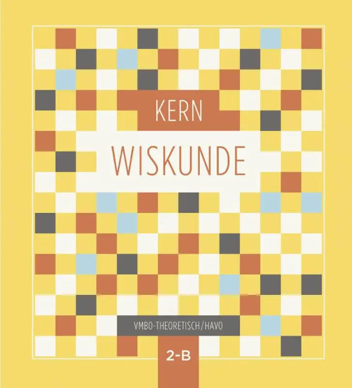 De kern wiskunde boekcover toont een kleurrijk pixelachtig dambordpatroon in geel, oranje, blauw en grijs