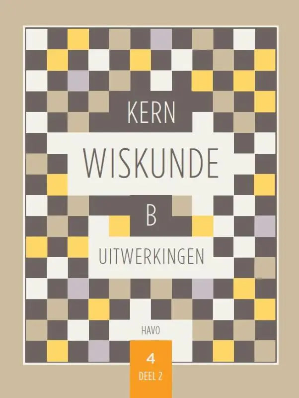 De wiskunde uitwerkingenboek havo 4 wiskunde b deel 2 heeft een kleurrijke geometrische kaft met geel, wit, grijs en paars
