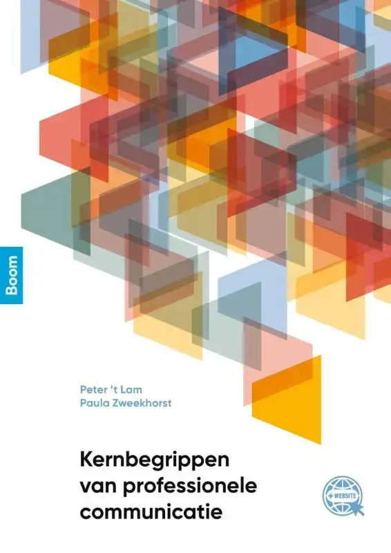 De boekcover van kernbegrippen van professionele communicatie toont een kleurrijk abstract ontwerp met geometrische vormen
