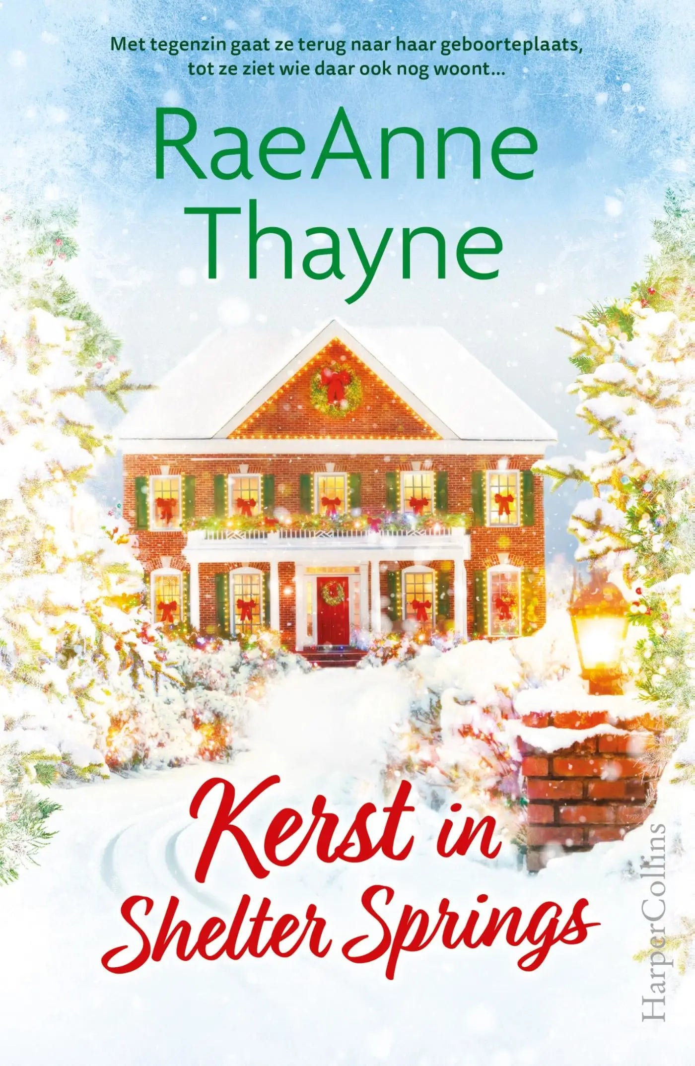 Een feestelijk rood bakstenen huis met witte accenten en besneeuwd dak in shelter springs kerstromance van raeanne thayne
