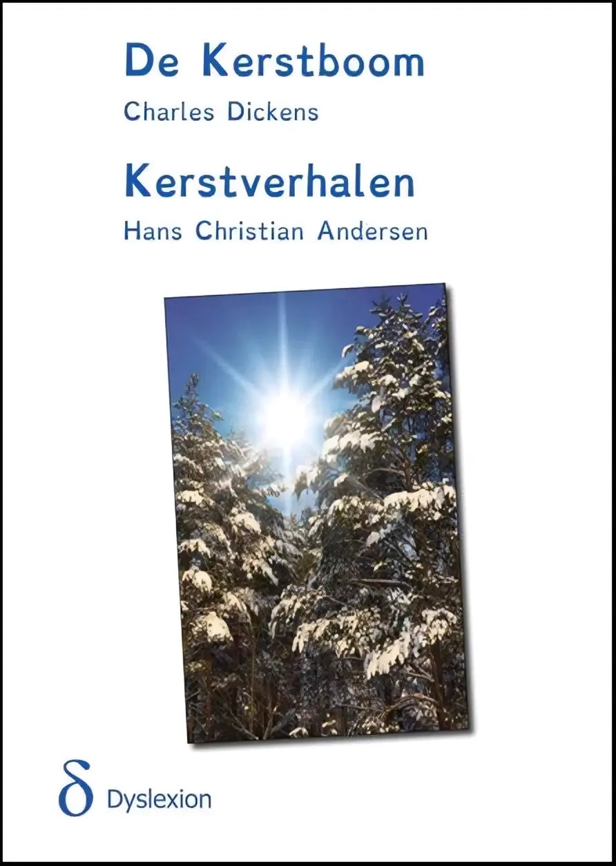 De kerstboom kerstverhalen boek met sneeuwbedekte bomen en zonlicht op een witte achtergrond