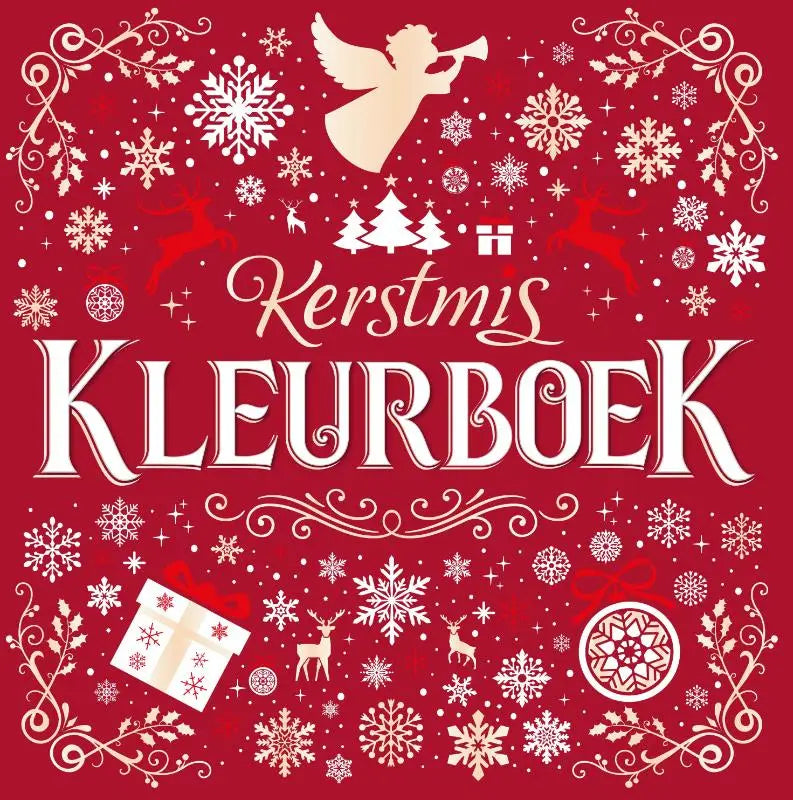 Rood kerstmis kleurboek met witte sneeuwvlokken en gouden engel die op een hoorn blaast met feestelijke illustraties