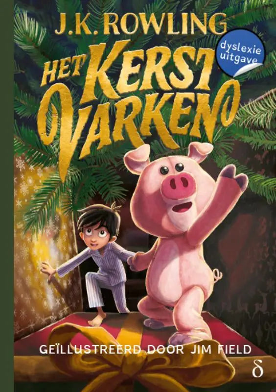 Roze cartoonvarken met vrolijke uitdrukking staand op cadeauverpakte doos in het kerstvarken product