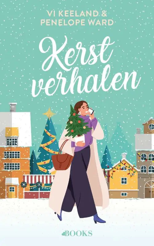Vrouw in lange beige jas en paarse jurk draagt kleine versierde kerstboom en belt in nederlandstalige romantische kersttitel kerstverhalen