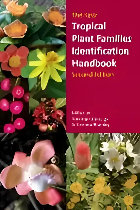 De cover van kew tropische plant identificatie handboek tweede editie toont kleurrijke tropische bloemen en bessen op een rode achtergrond