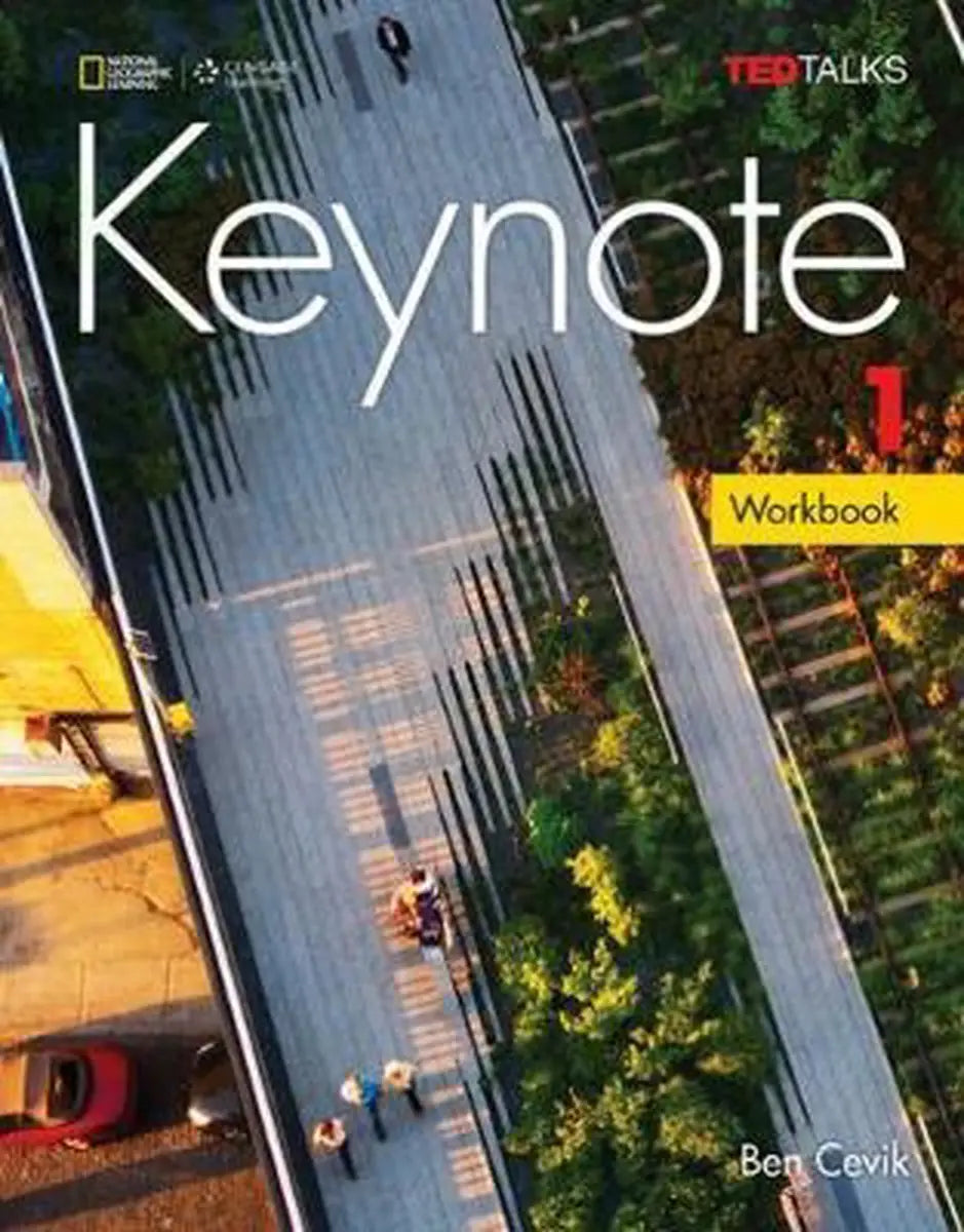 De cover van keynote 1 a1-a2 workbook van ben cevik toont een moderne luchtfoto van een groen stadsvoetpad national geographic