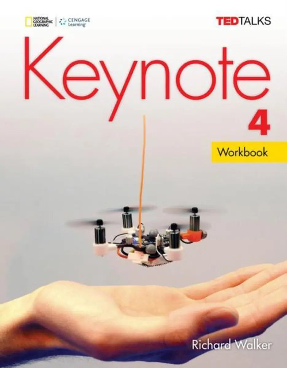 Rood keynote 4 b2 workbook met een kleine drone zwevend boven een open hand voor intertaal gebruik