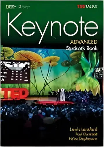 De cover van de keynote advanced students e-book pack toont een groene achtergrond met een geïllustreerd ted podium en publiek