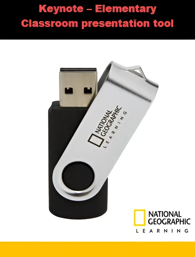 Silver en zwarte swivel usb flashdrive met national geographic learning branding als educatieve klasbeurs en basisschool presentatiehulpmiddel