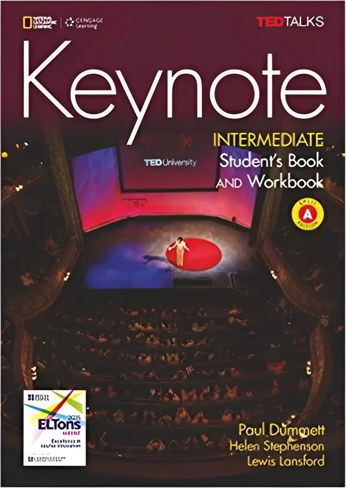 De cover van het keynote intermediate intermediat combo split studentenset toont een spreker onder rood licht met national geographic learning en ted talks logo’s